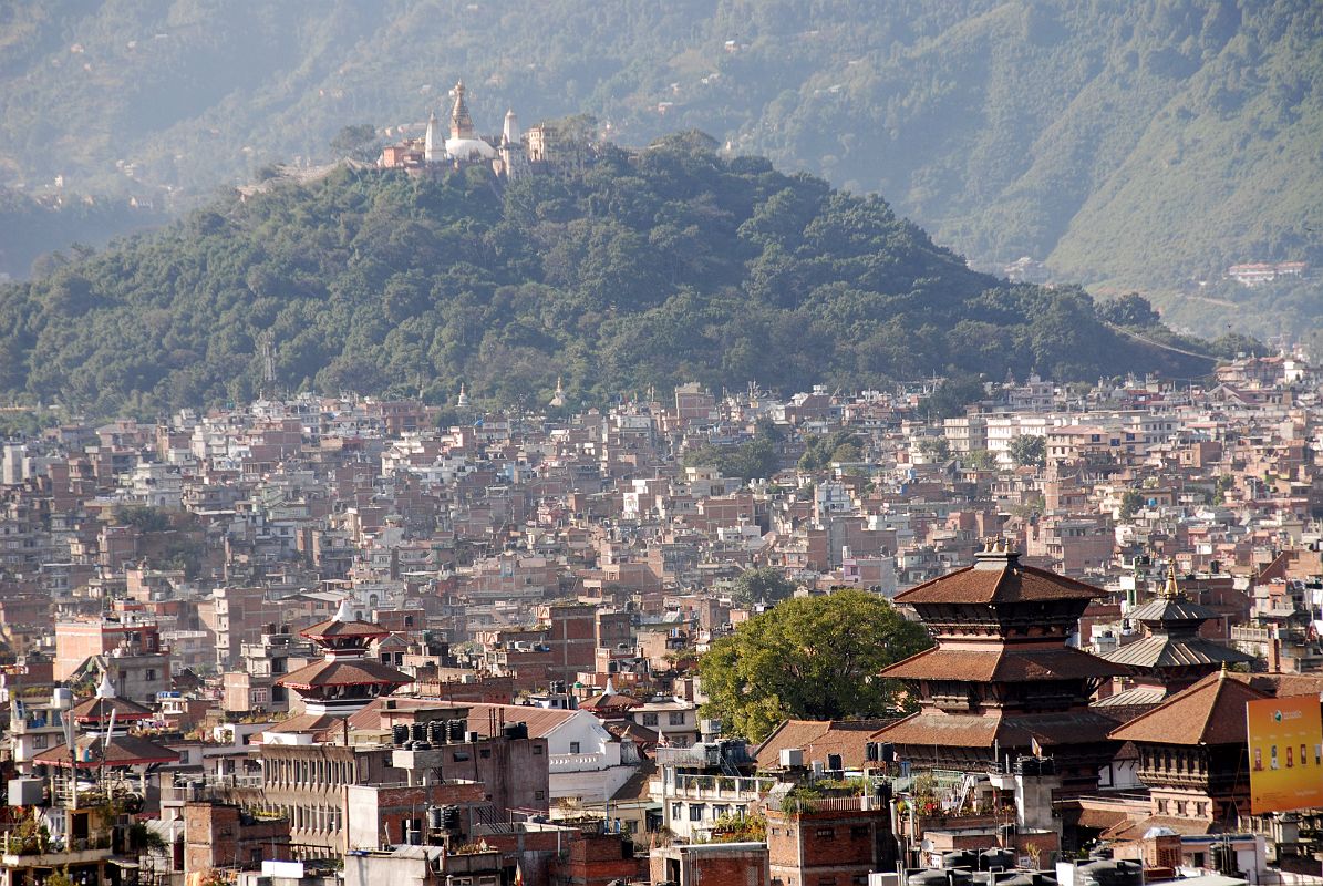 Kathmandu 05 04-3 Kathmandu, Durbar Square, and Swayambhunath Close Up View from Bhimsen Tower Here is a close up view of Kathmandu, Durbar Square and Swayambhunath from the Bhimsen Tower south of Kathmandu.